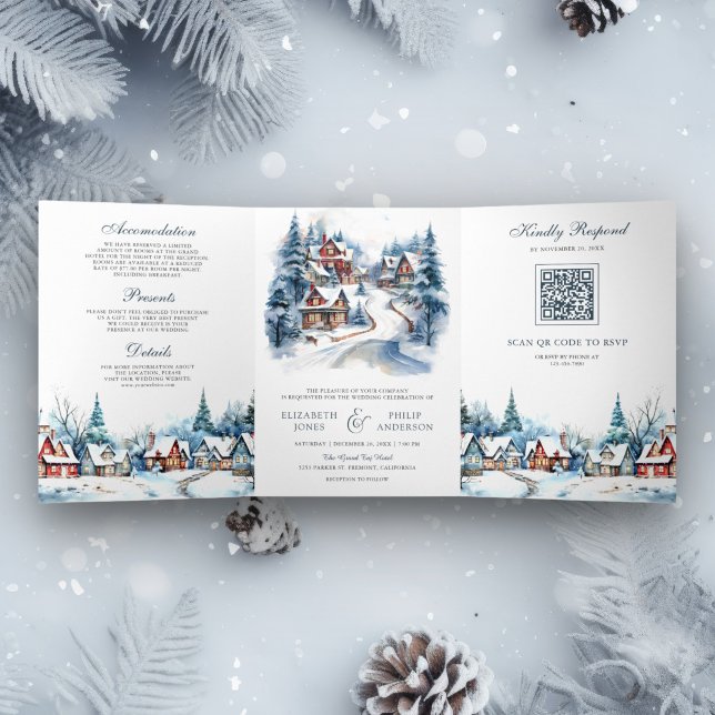 Invitación Tríptica Boda Código QR de la Aldea de Navidad Invernal Fes (Subido por el creador)
