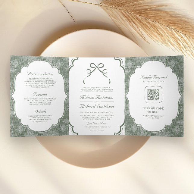 Invitación Tríptica Boda Código QR de Lazo Coquette Verde Salvia Blanc (Subido por el creador)