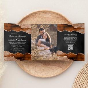 Invitación Tríptica Boda Código QR de Mármol Ágata Naranja Quemada Car