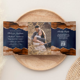 Invitación Tríptica Boda Código QR de Mármol Ágata Naranja Quemada Mar