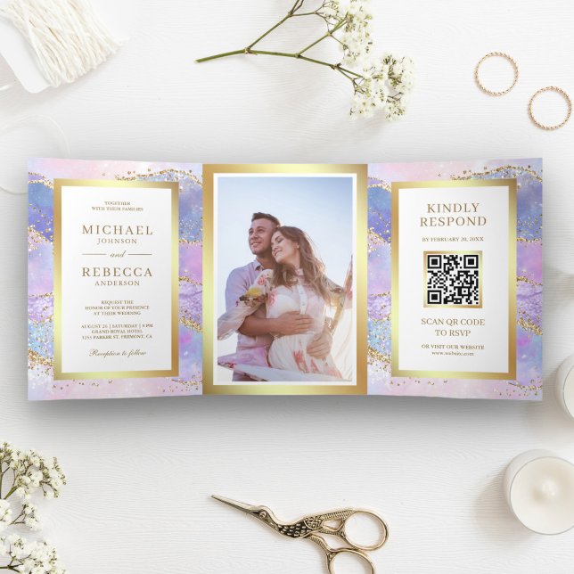 Invitación Tríptica Boda Código QR de Mármol Rosa Lavanda Dorado Ágata (Subido por el creador)