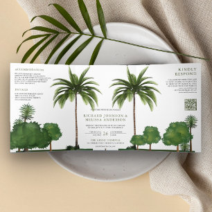 Invitación Tríptica Boda Código QR del árbol de palma tropical exubera