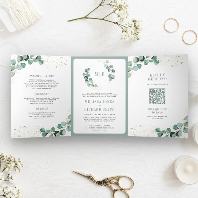 Invitación Tríptica Boda Código QR Eucalipto Dorado Verde Rústico  (Subido por el creador)