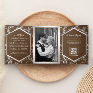 Invitación Tríptica Boda Código QR Floración Plateada Marrón