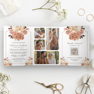 Invitación Tríptica Boda Código QR Floral Ámaro Dorado Rústico Boho