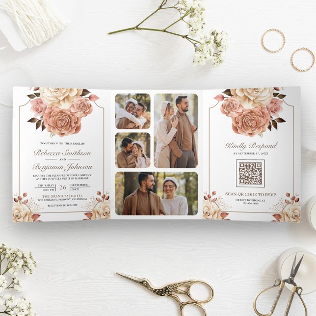 Invitación Tríptica Boda Código QR Floral Ámaro Dorado Rústico Boho (Subido por el creador)