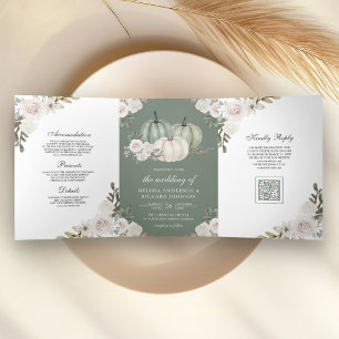 Invitación Tríptica Boda Código QR Floral Blanca Calabaza Verde Salvia