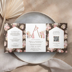 Invitación Tríptica Boda Código QR Floral Boho Rosa Polvoriento Arbor