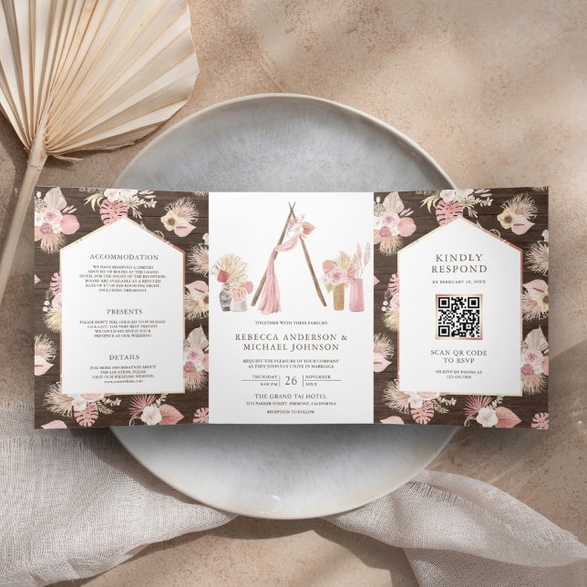 Invitación Tríptica Boda Código QR Floral Boho Rosa Polvoriento Arbor (Subido por el creador)