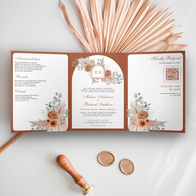 Invitación Tríptica Boda Código QR Floral Boho Terracota Pampas (Subido por el creador)