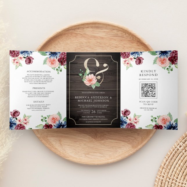 Invitación Tríptica Boda Código QR Floral Burgundy Marina Rubor (Subido por el creador)