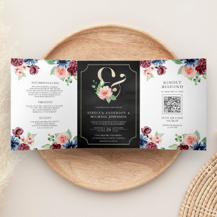 Invitación Tríptica Boda Código QR Floral Burgundy Navy Blush