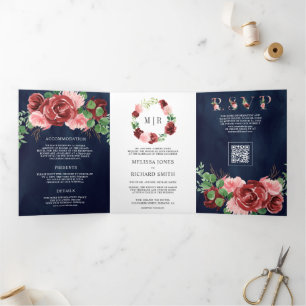 Invitación Tríptica Boda Código QR Floral Burgundy Rosa Rosado