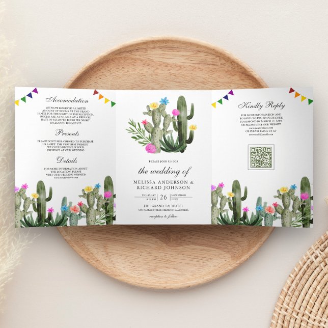 Invitación Tríptica Boda Código QR Floral Cactus Fiesta Mexicana (Subido por el creador)