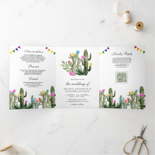 Invitación Tríptica Boda Código QR Floral Cactus Fiesta Mexicana