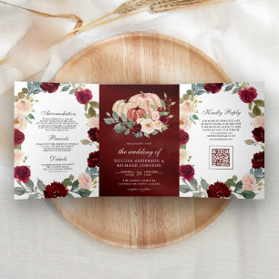 Invitación Tríptica Boda Código QR Floral de Calabaza y Melocotón de B