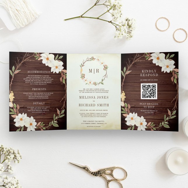Invitación Tríptica Boda código QR floral de magnolia de madera de gra (Subido por el creador)