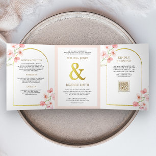 Invitación Tríptica Boda Código QR Floral Flor de Cerezo Rosa Rubor