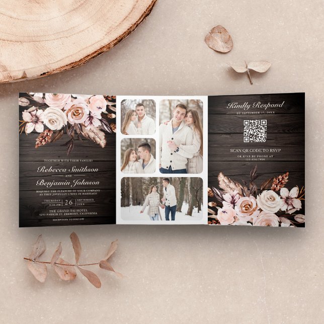 Invitación Tríptica Boda Código QR Floral Marfil Terroso Madera Rústic (Subido por el creador)