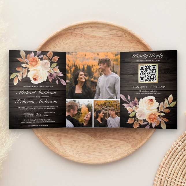 Invitación Tríptica Boda Código QR Floral Marfil Terroso Madera Rústic (Subido por el creador)