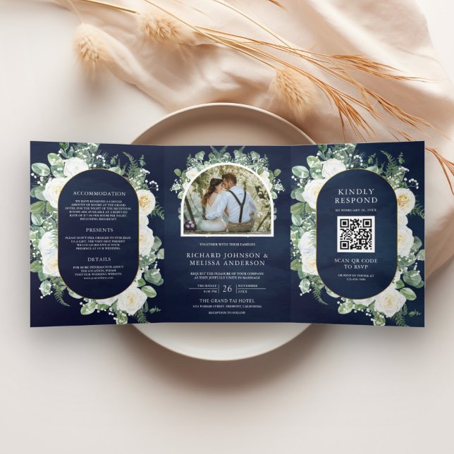 Invitación Tríptica Boda Código QR Floral Marfil Verde Rústico (Subido por el creador)