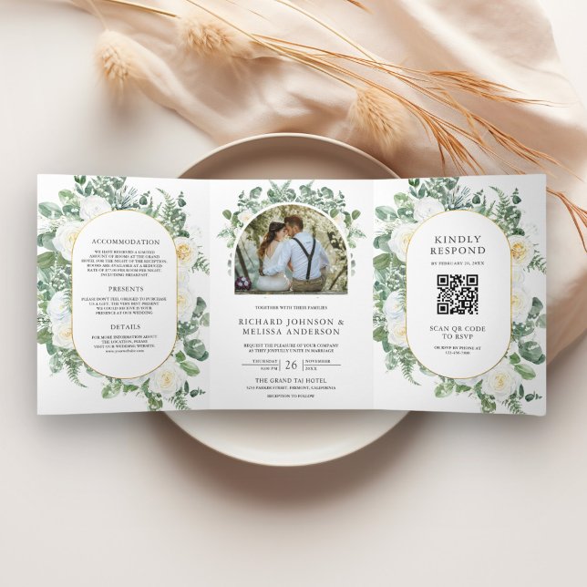Invitación Tríptica Boda Código QR Floral Marfil Verde Rústico (Subido por el creador)