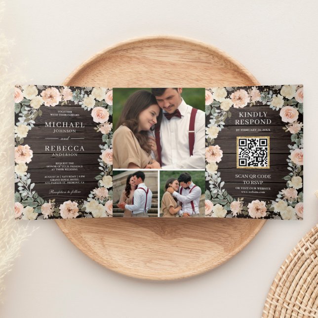 Invitación Tríptica Boda Código QR Floral Melocotón Polvoriento Madera (Subido por el creador)