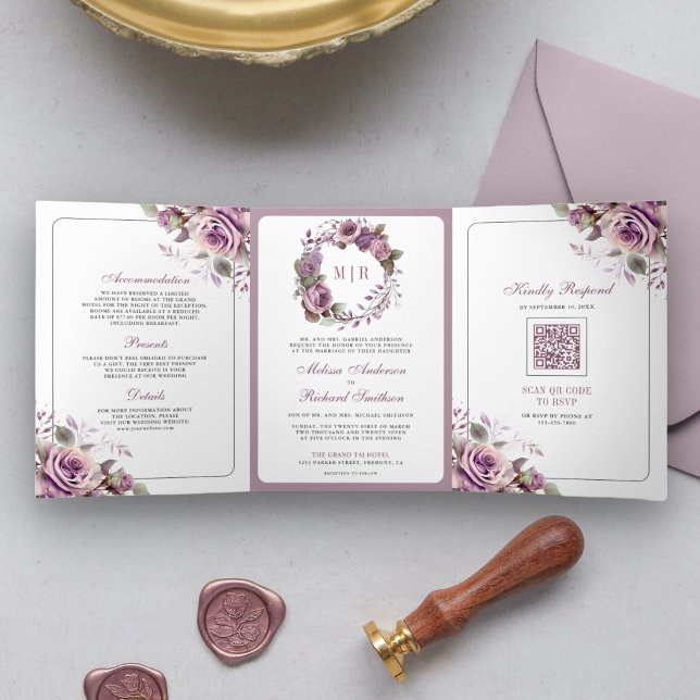 Invitación Tríptica Boda Código QR Floral Morado Polvoriento Rústico (Subido por el creador)