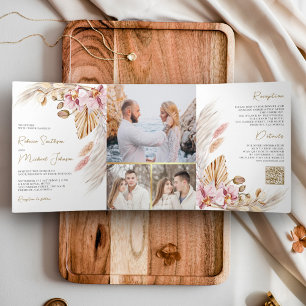 Invitación Tríptica Boda Código QR Floral Orquídea Rosa Boho Pampas