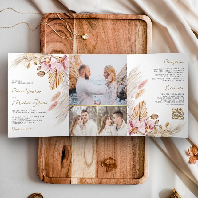 Invitación Tríptica Boda Código QR Floral Orquídea Rosa Boho Pampas (Subido por el creador)