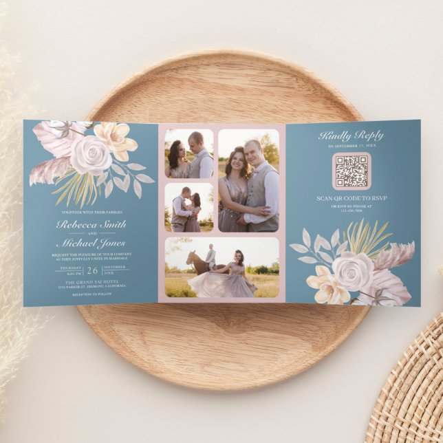 Invitación Tríptica Boda Código QR Floral Rosa Azul Polvoriento Rústic (Subido por el creador)