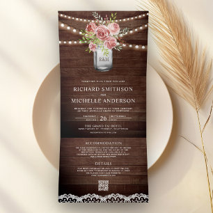 Invitación Tríptica Boda Código QR Floral Rosa Canela en Tarro de Maso