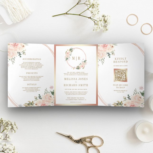Invitación Tríptica Boda Código QR Floral Rosa Dorado Rosa (Subido por el creador)