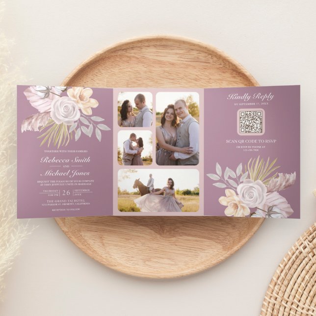 Invitación Tríptica Boda Código QR Floral Rosa Malva Polvoriento Rústi (Subido por el creador)