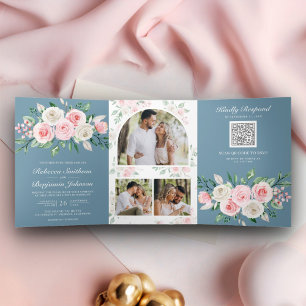 Invitación Tríptica Boda Código QR Floral Rosa Rosado Azul Polvo