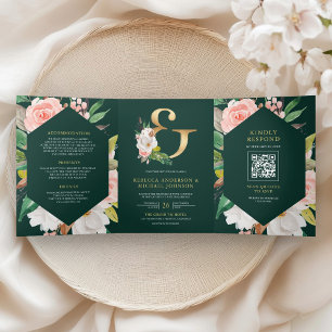 Invitación Tríptica Boda Código QR Floral Rosa Rosado Esmeralda Verde