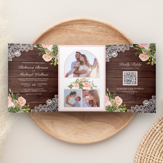 Invitación Tríptica Boda Código QR Floral Rosa Rubor de Encaje de Made (Subido por el creador)