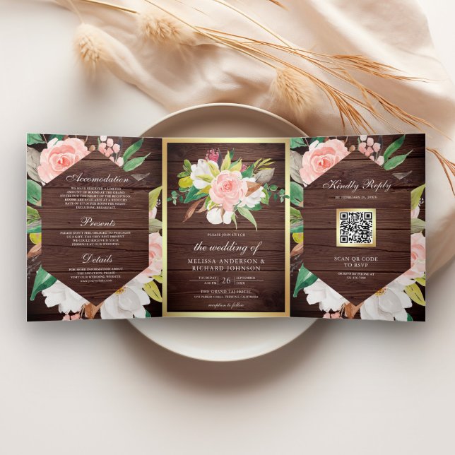 Invitación Tríptica Boda Código QR Floral Rosa Rubor Madera Rústica Do (Subido por el creador)