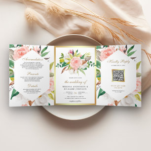 Invitación Tríptica Boda Código QR Floral Rosa Rubor Rústico Dorado