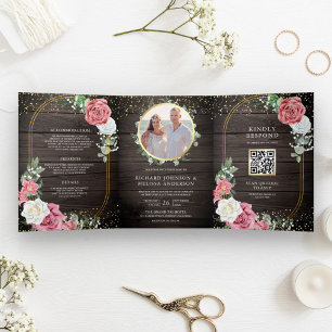 Invitación Tríptica Boda Código QR Floral Rosas Rosadas Boho Madera Rú