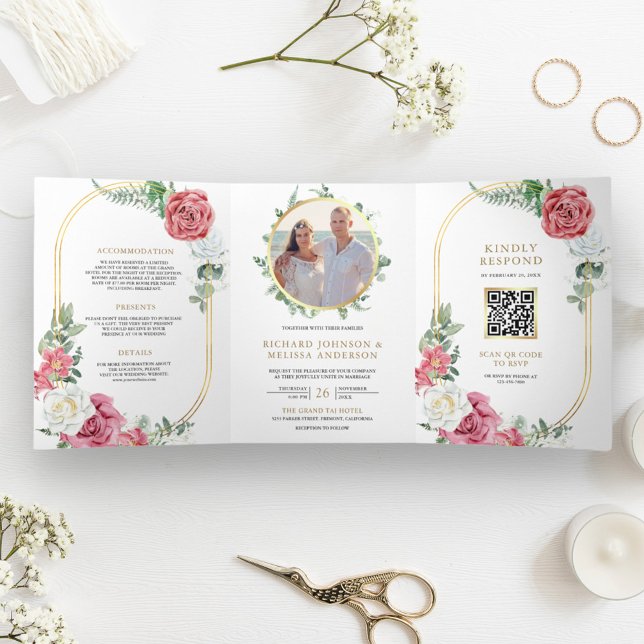 Invitación Tríptica Boda Código QR Floral Rosas Rosadas Rústico Boho (Subido por el creador)