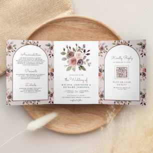 Invitación Tríptica Boda Código QR Floral Taupe Terroso Neutral Boho