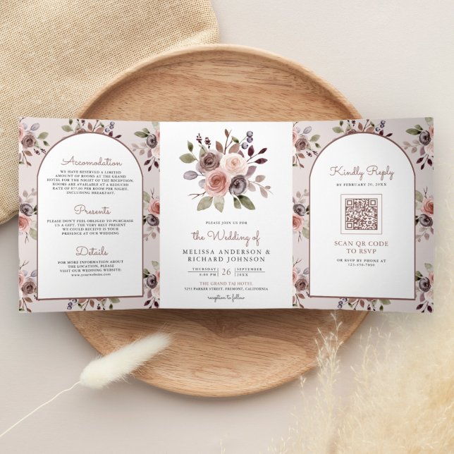 Invitación Tríptica Boda Código QR Floral Taupe Terroso Neutral Boho (Subido por el creador)