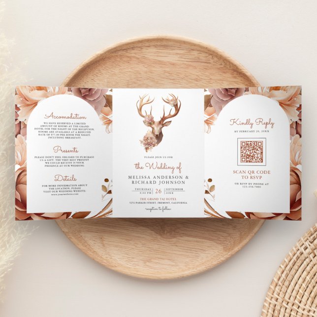 Invitación Tríptica Boda Código QR Floral Terracota Boho Ciervo (Subido por el creador)