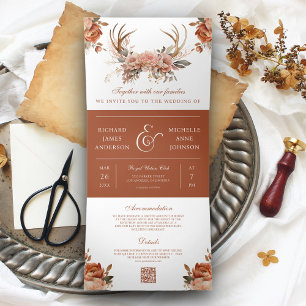 Invitación Tríptica Boda Código QR Floral Terracota Terrosa Cuerno