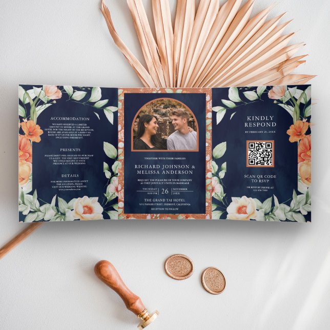 Invitación Tríptica Boda Código QR Floral Terroso Boho Azul Marino (Subido por el creador)