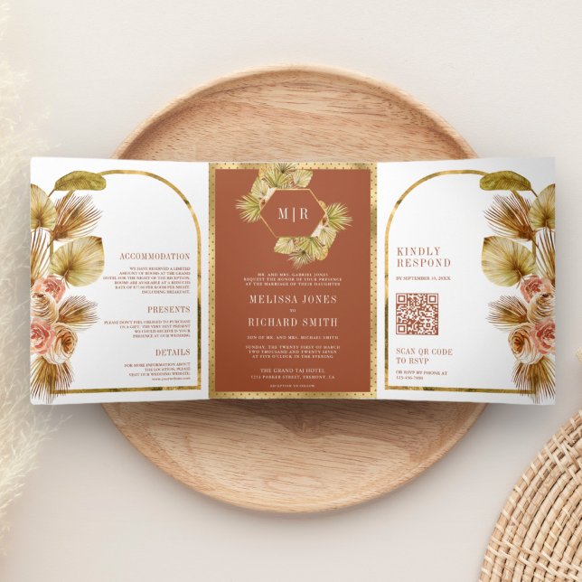 Invitación Tríptica Boda Código QR Floral Terroso Boho Palma (Subido por el creador)
