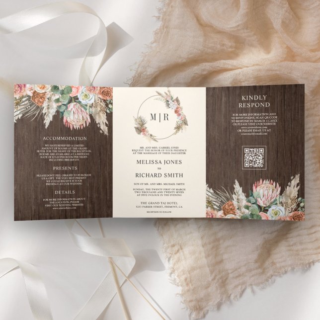 Invitación Tríptica Boda Código QR Floral Terroso Boho Pampas Madera (Subido por el creador)