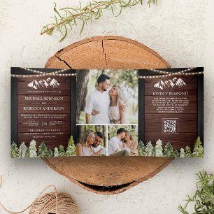 Invitación Tríptica Boda Código QR Foto Bosque Montañoso de Madera Rús