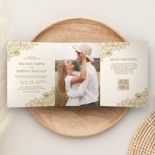 Invitación Tríptica Boda Código QR Foto Crema Marfil Encaje Dorado